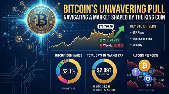 A financial infographic titled 'BITCOIN'S UNWAVERING PULL: NAVIGATING A MARKET SHAPED BY THE KING COIN' showing BTC at $77,776.46 with +0.73% in 24h and -2.28% weekly, highlighting 52.1% Bitcoin Dominance and a $2.09T total crypto market cap (BTC: $1.56T, Others: $0.53T).