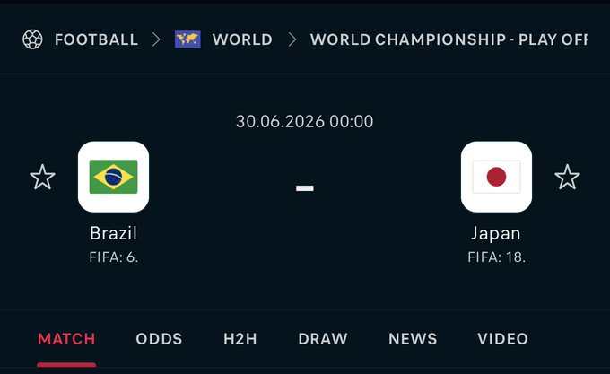 The image displays a football match fixture between Brazil (FIFA rank 6) and Japan (FIFA rank 18) for the World Championship Playoffs scheduled on 30.06.2026 at 00:00. It relates to the giveaway post by inviting participants to predict the correct score of this Brazil vs. Japan match to win a share of $5,000.