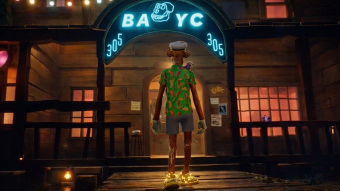 A stylized 3D animated scene of a wooden character wearing a green chili-patterned shirt and sailor hat, standing before a building with a neon 'BA YC 305 305' sign at sunset.