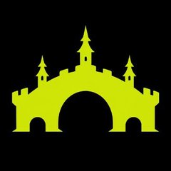 A yellow stylized logo on a black background depicting a castle with three towers and a central archway.
