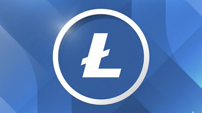 The Litecoin (LTC) logo appears as a white stylized 'L' inside a circle against a blue geometric background.