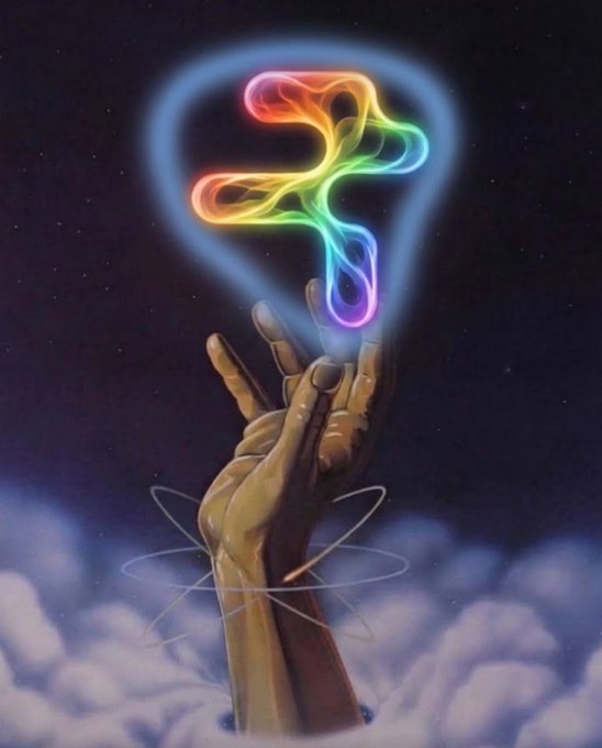 A bronze robotic arm reaching up from clouds to hold a glowing, rainbow-colored Ethereum logo against a dark starry sky.