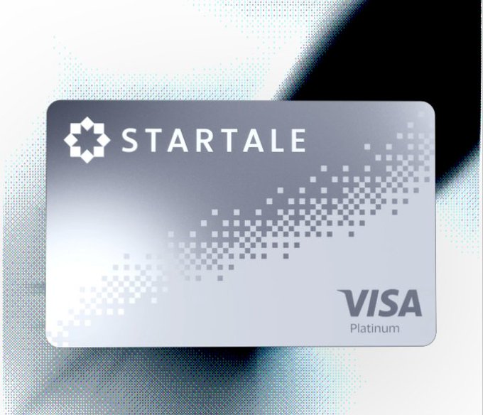 A silver Visa Platinum credit card branded with 'STARTALE' and a star-like logo, featuring a digital pixel pattern design.