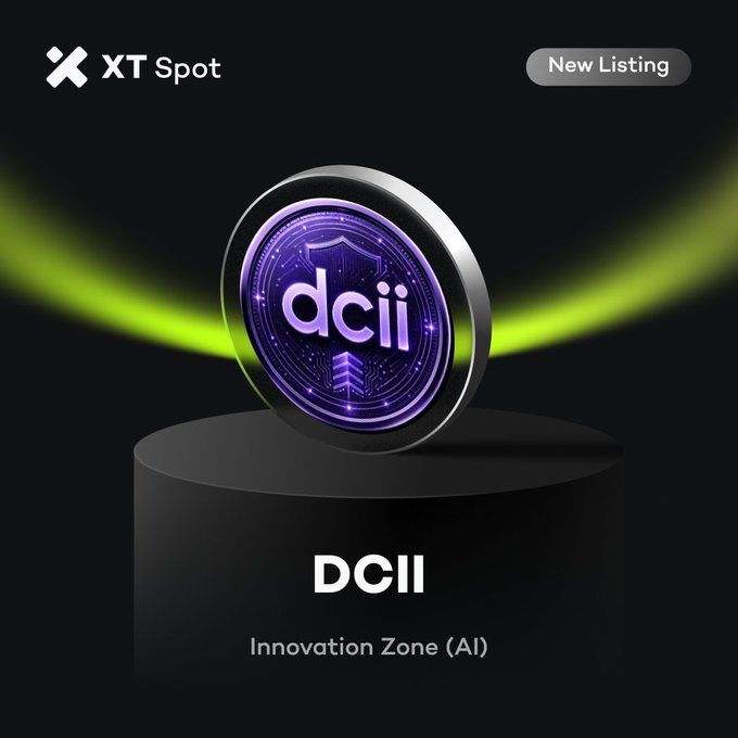 A 'New Listing' promotional graphic from XT Spot for the token 'DCII', described as 'Innovation Zone (AI)', featuring a purple 3D coin with circuit board patterns.