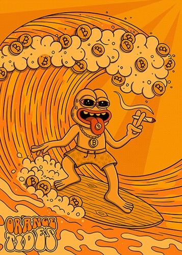 An illustration of a cartoon character surfing on a wave made of Bitcoin coins, with "ORANGE SURF" text at the bottom.