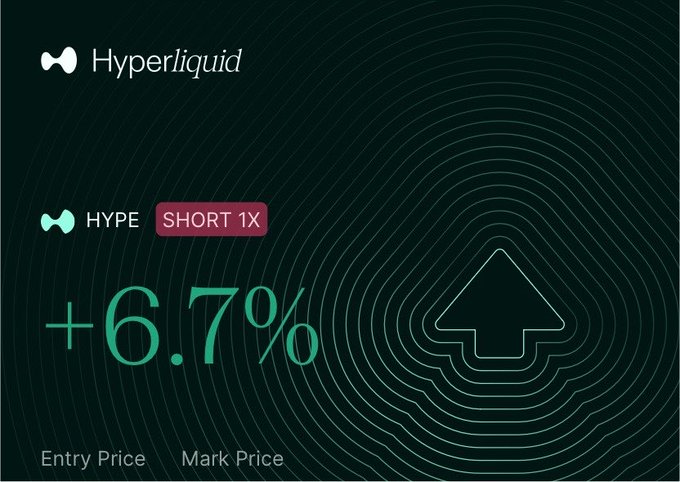 An image from Hyperliquid shows a "SHORT 1X" position on HYPE that has resulted in a +6.7% profit, highlighted by a large green percentage and an upward arrow.