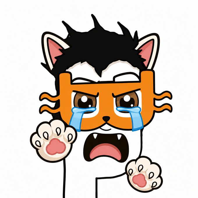 A cartoon cat character with black and white fur, orange glasses, and pink paw pads is shown crying with its mouth wide open in distress, representing the "CrashCat" meme token that was promoted by influencers and subsequently crashed, leaving holders distraught.