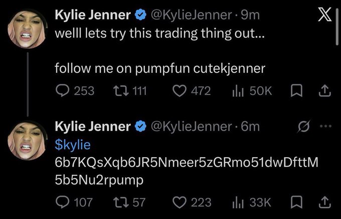 Kylie Jenner's verified X account promotes her PumpFun account "cutekjenner" with 50K views, then shares a Solana contract address for the "$kylie" token, prompting speculation about how much she was paid for the promotion.