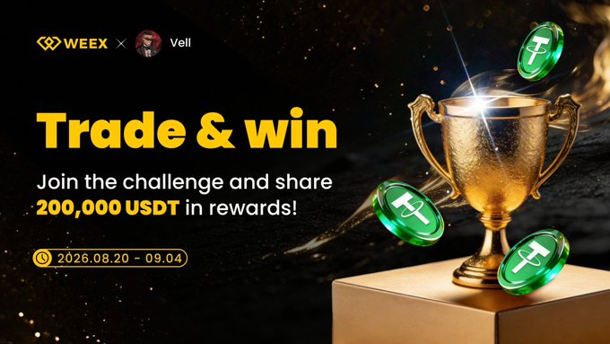 A promotional banner reads 'WEE × Vell Trade & Win' offering '200,000 USDT in rewards' from '2026.08.20 - 09.04', featuring a golden trophy surrounded by green USDT coins.