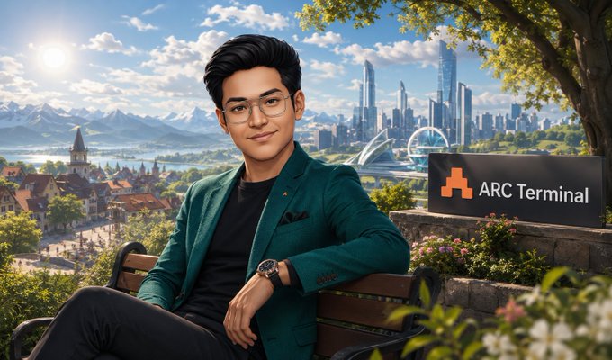 An illustrated promotional image for "ARC Terminal" featuring a young man in a teal blazer sitting on a bench with a stylized cityscape and mountains in the background.
