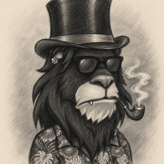 A lion with human-like features, such as a bolo tie, top hat, and glasses, indulges in a pipe. This playful personification could be an imaginative illustration encouraging viewers "to try" something out of the ordinary, akin to adopting the lion's whimsical, carefree spirit.