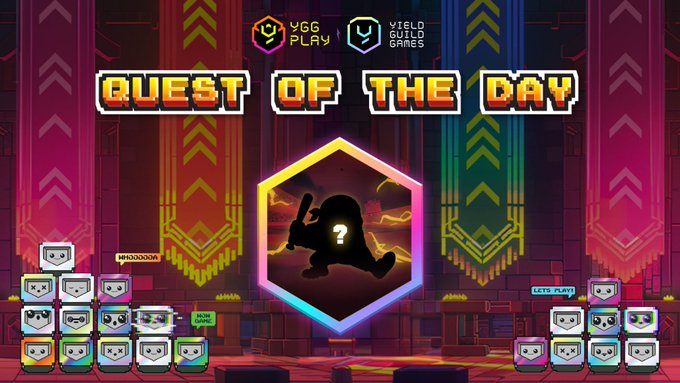 A pixel-art "Quest of the Day" promotional graphic featuring YGG Play and Yield Guild Games logos, with a silhouetted character holding a question mark inside a glowing hexagon, flanked by stacks of masked character icons and the wallet address "HHDOOOO16". The image visually represents the day's featured quest—a CHAD Boss Raider III challenge in the game GIGACHADBAT—encouraging players to compete against the third boss.