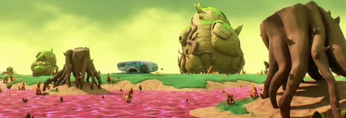 A cartoonish 3D landscape featuring a giant purple toad-like creature on the right, a turtle, a blue car, and an elephant-like creature standing in pink liquid.