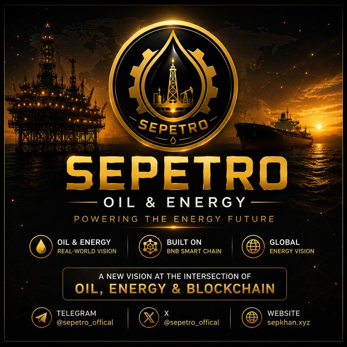 A promotional graphic for 'SEPETRO OIL & ENERGY' featuring a gold and black logo with an oil derrick, advertising a blockchain-based energy platform on BNB Smart Chain.