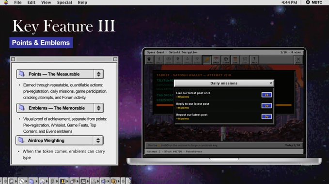 A presentation slide titled "Key Feature III — Points & Emblems" outlines Meme Bitcoin (MBTC) gamification mechanics, including measurable points from quests, memorable emblems like the Whitelist/Game Feats/Top Content Airdrop, and an "Airdrop Weighting" system, alongside a screenshot of the MBTC website showing a "Daily missions" panel with tasks like liking and replying to X posts for points, visually demonstrating how the platform turns the typical whitelist wait into an interactive, reward-based experience.