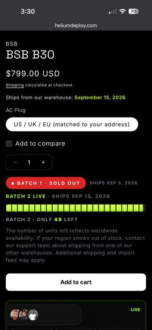 A mobile webpage for heliumdeploy.com shows the BSB B30 priced at $799.00 USD, with Batch 1 sold out and Batch 2 showing 49 units remaining, shipping September 15, 2026.