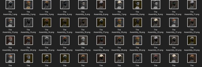 A grid of thumbnails displays multiple image files labeled 'The Assembly' followed by numbers 1 through 33, showing various character portraits.