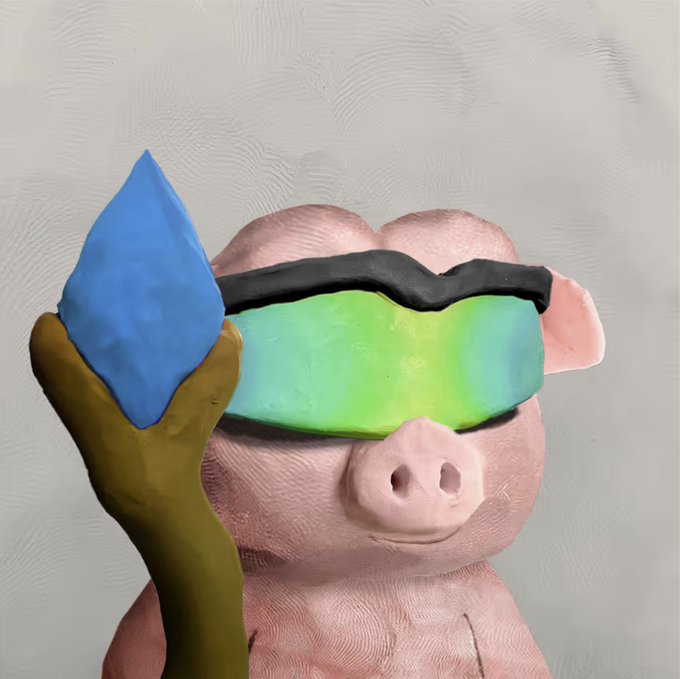 A 3D rendered pink pig wearing large green visor sunglasses and holding a staff topped with a blue flame-shaped gem.