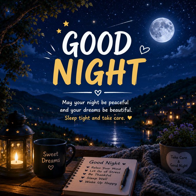 A 'Good Night' greeting graphic with a moonlit lakeside scene, featuring a 'Sweet Dreams' mug, a lantern, and a notepad listing tips like 'Relax Your Mind' and 'Sleep Well'.