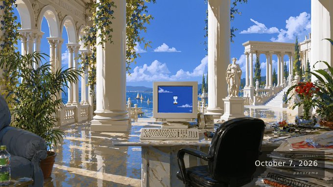 A grand Mediterranean villa overlooks a calm sea, with an old computer setup at a marble desk where the monitor displays a blue cloud screen framed like a painting. The accompanying text notes "Panorama Tableau #168 sold" by mrquack.eth on OpenSea, matching the artwork's classical, picturesque setting.