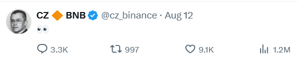 A tweet from CZ 🔶 BNB (@cz_binance) dated Aug 12 contains only an eye emoji (👀) and has garnered 3.3K replies, 997 reposts, 9.1K likes, and 1.2M views—aligning with the caption's reference to CZ being "silent," his watchful response seemingly hinting at the anticipated shift toward $LUNC and $LUNA.