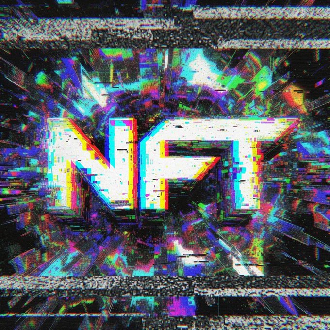 A glitched, VHS-distorted image displays the letters "NFT" in a stylized, chrome-like font with heavy chromatic aberration and static noise overlaying the text. The image visually echoes the post's criticism by presenting the NFT logo as corrupted, broken, and visually unpleasant—reinforcing the idea that such an unappealing default aesthetic undermines the credibility and appeal of the NFT market.