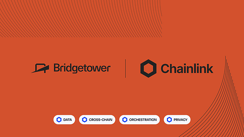 A corporate graphic on an orange background displays the logos for 'Bridgetower' and 'Chainlink' alongside tags labeled 'DATA', 'CROSS-CHAIN', 'ORCHESTRATION', and 'PRIVACY'.