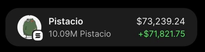 A cryptocurrency portfolio widget showing 'Pistacio' holdings of 10.09M Pistacio valued at $73,239.24, with a positive change of +$71,821.75, featuring a green pickle/character logo.