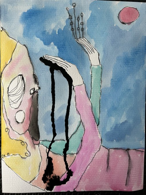 Abstract watercolor and ink painting of a figure with raised arms against a blue background with a red sun.