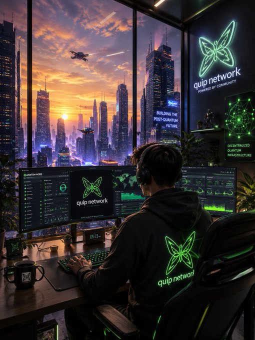 A person wearing a Quip Network hoodie and headphones sits at a multi-monitor setup running a "QUANTUM NODE," with the Quip Network logo and tagline "POWERED BY COMMUNITY" visible on the screens against a futuristic city skyline at sunset. The image visually reinforces the post's message of active node operation and dedication to building the network for tomorrow.