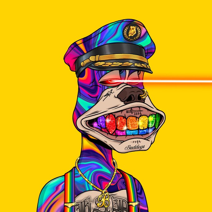 A colorful digital illustration of a dog wearing a police-style hat, a nose ring, and a gold chain, with the word "Bulldogs" tattooed on its chin and rainbow-colored diamond grillz on its teeth against a yellow background.
