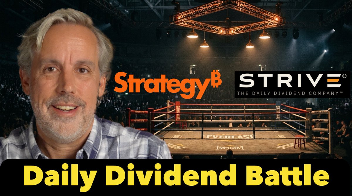 A YouTube-style thumbnail titled 'Daily Dividend Battle' features a man's face alongside logos for 'Strategy B' and 'STRIVE The Daily Dividend Company' set against a boxing ring backdrop.