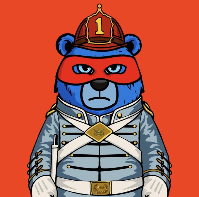 A digital illustration of a blue bear wearing a red firefighter helmet with a "1" on it and a red mask, dressed in a formal grey military-style jacket with white straps and a gold eagle belt buckle against a bright orange background.