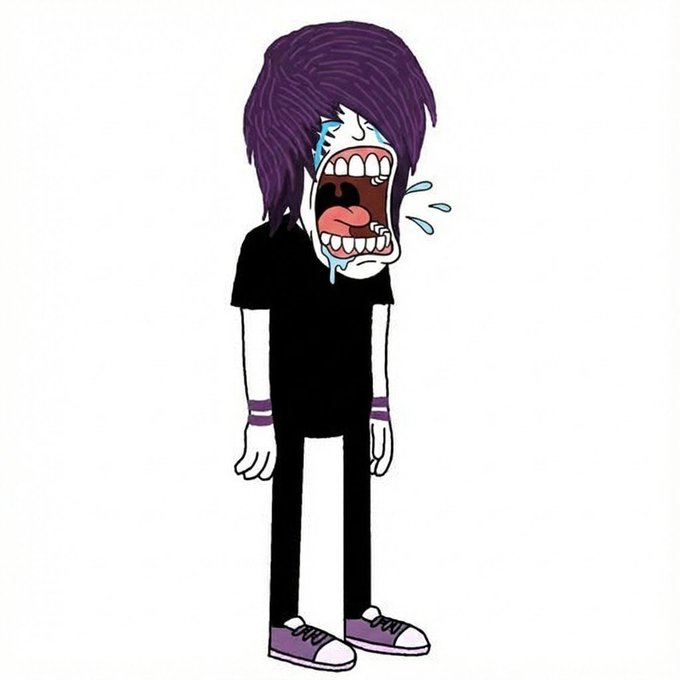 A cartoon illustration depicts a pale figure in a black shirt and pants with messy purple hair, crying dramatically with a wide-open mouth, wide eyes, and tears spraying outward while wearing purple sneakers and wristbands. The image visually reinforces the post's claim that $EMO is set to rise sharply, using the sobbing character as a humorous exaggeration of someone emotional over missing a "free" buying opportunity.