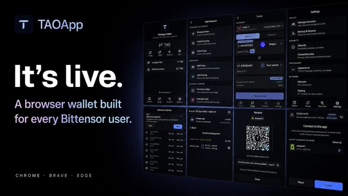 Promotional image for TAOApp reading 'It's live. A browser wallet built for every Bittensor user.' with logos for Chrome, Brave, and Edge, alongside screenshots of the wallet interface.