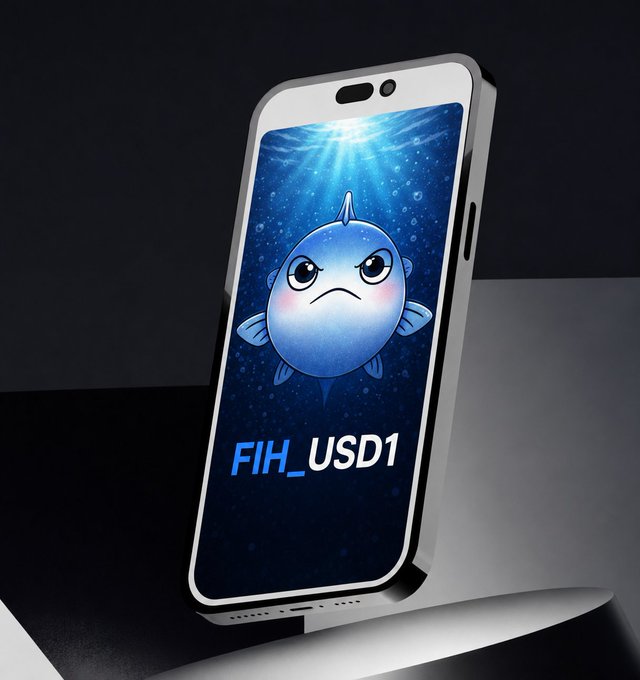 3D render of a smartphone displaying a grumpy blue pufferfish character with the text 'FIH_USD1' at the bottom, set against a dark background.