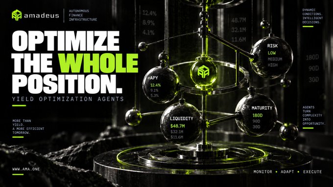 A promotional graphic for 'amadeus AUTONOMOUS FINANCE INFRASTRUCTURE' displays the headline 'OPTIMIZE THE WHOLE POSITION. YIELD OPTIMIZATION AGENTS' alongside a 3D metallic sculpture with spheres labeled 'RISK', 'MATURITY', and 'LIQUIDITY'.