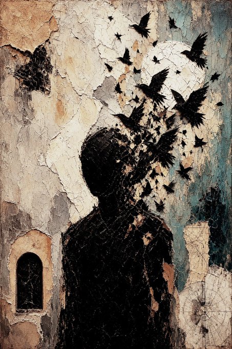 A textured mixed-media artwork showing a dark silhouetted figure whose head dissolves into a flock of black birds flying upward against a weathered, cracked wall background.