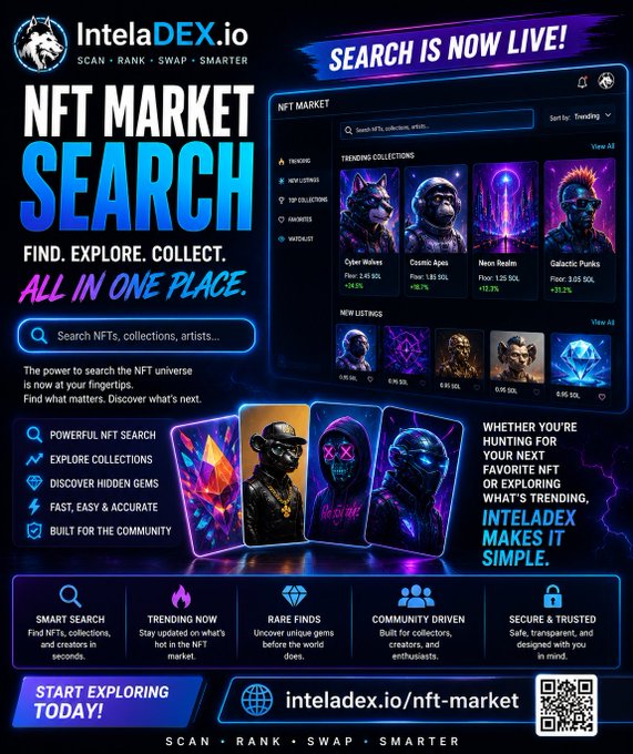An IntelaDEX.io advertisement announces 'NFT MARKET SEARCH' is now live, showing trending collections like Cyber Wolves, Cosmic Apes, Neon Realm, and Galactic Punks with floor prices and percentage changes, highlighting features like powerful search, discover hidden gems, and secure trading.