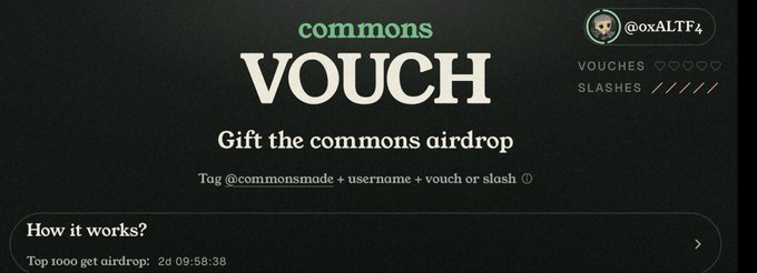 A digital interface shows a 'commons VOUCH' page offering an airdrop, with instructions to 'Tag @commonsmode + username + vouch or slosh' and a countdown timer, credited to user @oxALTF4.
