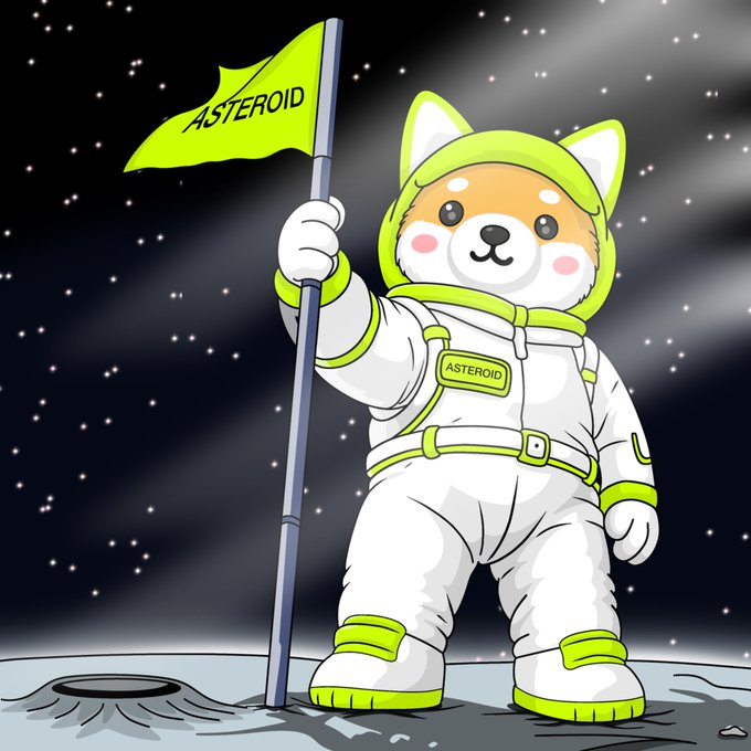 An adorable Shiba Inu astronaut in a white and neon green spacesuit plants a flag reading "ASTEROID" on the lunar surface, capturing the post's reference to "$ASTEROID" being the first to "land" on the moon.