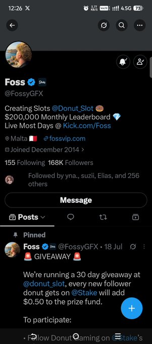 A screenshot of the X profile for Foss (@FossyGFX), a crypto streamer based in Malta, with 155 following and 168K followers, promoting a $200,000 monthly leaderboard for slot streaming on Kick.com and a 30-day giveaway with @donut_slot.