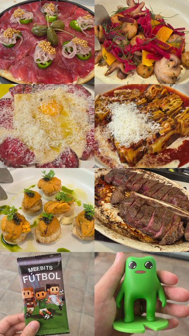 A collage of food photos including carpaccio, a mushroom and beet salad, pasta dishes, seared scallops, sliced steak, a Meebits Fútbol pack, and a green Meebit figurine.