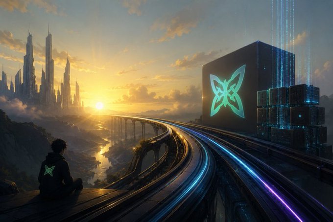 A futuristic cityscape at sunset with light trails on a highway, where a person in a hoodie sits looking toward a glowing green butterfly logo on a black cube alongside data streams.