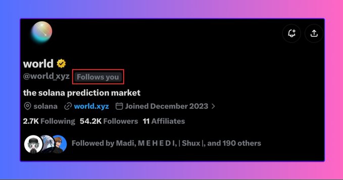 A screenshot of a social media profile for 'world' (@world.xyz), described as 'the solana prediction market,' showing 2.7K Following, 54.2K Followers, and a highlighted 'Follows you' badge.