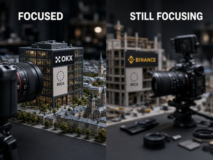 A split-screen comparison image labeled 'FOCUSED' (showing the OKX building clearly) and 'STILL FOCUSING' (showing the Binance building blurred), both featuring a 'MiCA' sign and camera lenses in the foreground.