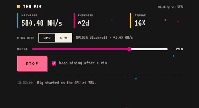A dashboard interface titled 'THE RIG' displaying a cryptocurrency mining status with a hash rate of 580.48 MH/s, expected time of 2 days, streak of 16x, and 75% GPU usage.