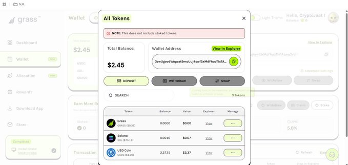 A user shows a wallet interface displaying a total balance of $2.45 in tokens including Grass ($0.00), Solana ($0.07), and USD Coin ($2.37), highlighting the disappointing payout from nearly two years of participating in the Grass Season 2 airdrop, with the inability to claim it emphasized.