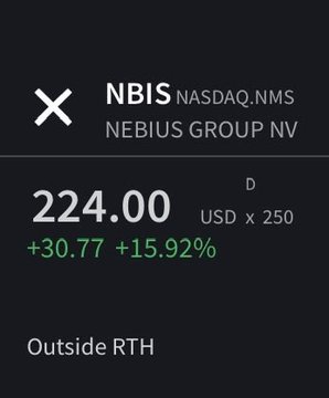 A stock ticker image shows NBIS (Nebius Group NV) trading at $224.00 USD, up +30.77 (+15.92%) outside regular trading hours. The image supports the post's bragging about recommending NEO CLOUDS stocks like $NBIS before significant price gains, highlighting the notable after-hours surge as proof of the trading call's success.