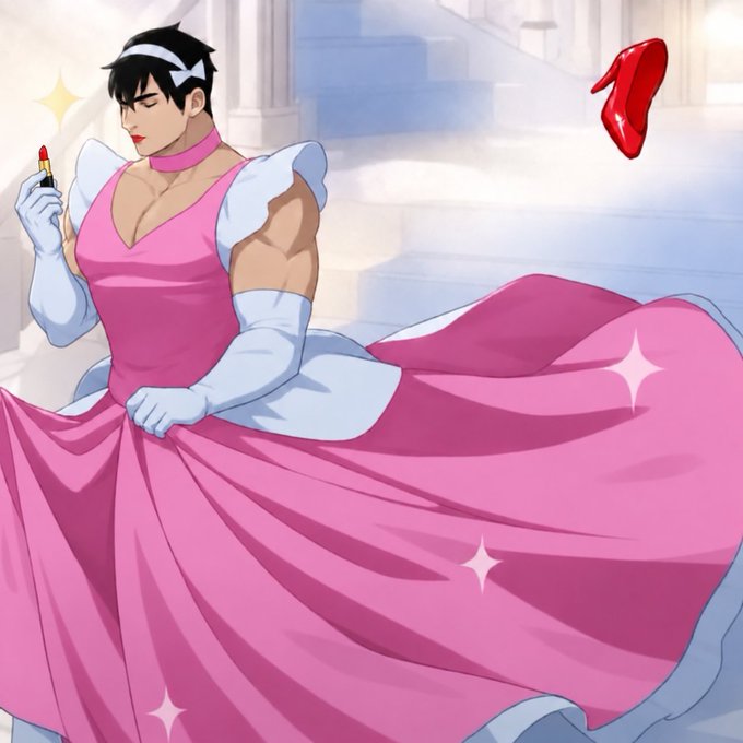 Illustration of a muscular man wearing a pink ball gown, white gloves, and a headband, holding lipstick, with a floating red high heel shoe nearby.